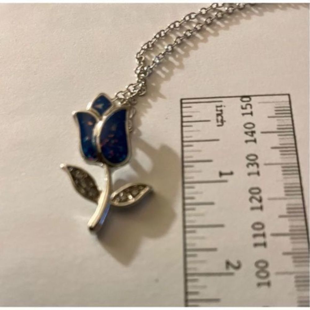 Blue opal ROSE WHITE SAPPHIRE N SILVER NECKLACE - Picture 2 of 6